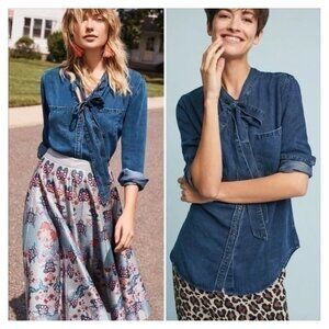 RAILS Long Sleeve Dark Vintage Wash ROSALEE Tie Collar Chambray Denim Shirt